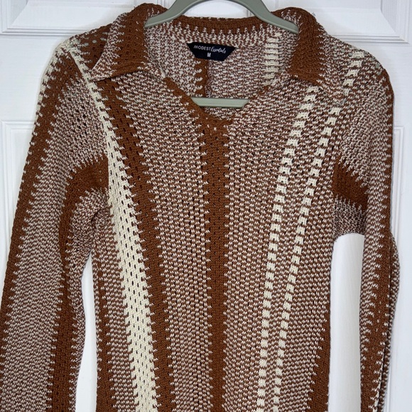 Modest Essentials Crochet Maxi Dress Brown Beige Striped Long Sleeve M - Picture 3 of 12